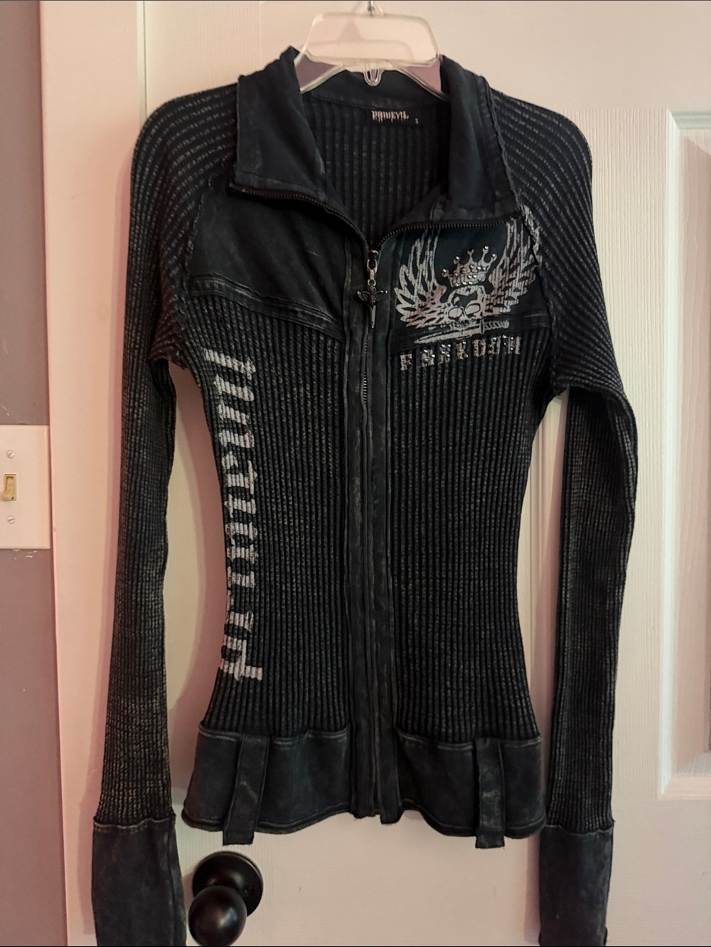 Primevil Distressed Black Ribbed Zip-Front Womens Shirt with Graphic Detail